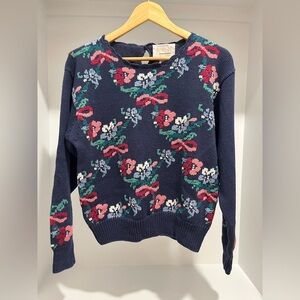 Vintage Ninon De Lenclos floral bow navy knit sweater scalloped collar keyhole L